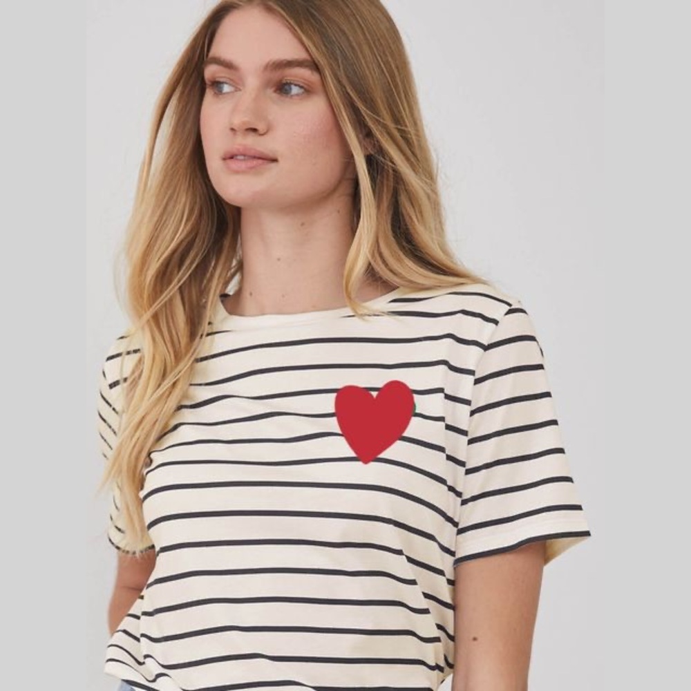 Striped Short Sleeve Tee with Red Heart
